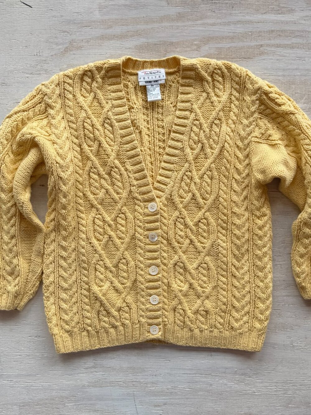 VTG Talbots Petites Yellow Hand Knit Chunky Cable Cotton Cardigan Sweater PM